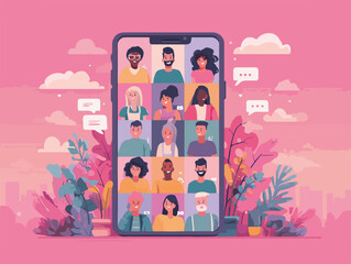 Schermata di un telefono con una videochiamata di gruppo, persone diverse che comunicano virtualmente.