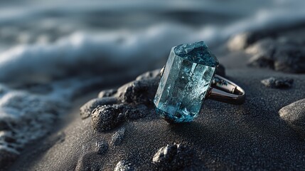 Aquamarine crystal ring amidst coastal serenity and dark sandy beach landscape