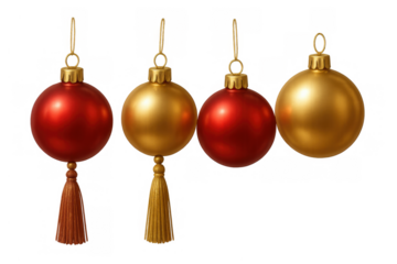 Red and gold christmas baubles festive decoration hanging, holiday ornaments with tassel on transparent background