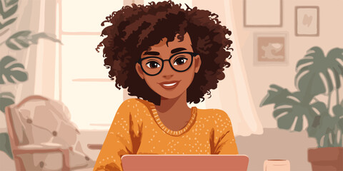 Giovane donna sorridente con capelli ricci e occhiali lavora al computer portatile in un ambiente domestico accogliente.