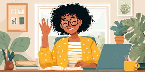 Donna sorridente saluta mentre lavora al computer in un ufficio domestico accogliente e luminoso.