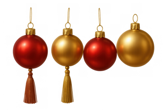 Red and gold christmas baubles festive decoration hanging, holiday ornaments with tassel on transparent background
