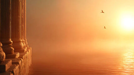 a serene sunrise over ancient columns by the sea, evoking a sense of history and peace. The sky blazes with orange light, and a pair of birds gracefully soar above the water