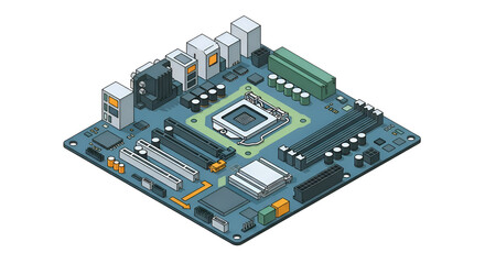 Stunning isometric view of a modern computer motherboard highlighting intricate components and advanced technology for innovation and digital solutions.