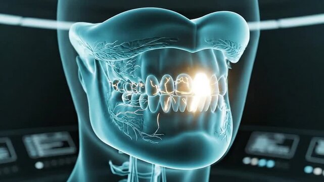 Scientific 3D medical animation depicting human dental anatomy focused on teeth and jaw structure with glowing highlights showcasing healthy enamel and internal tooth