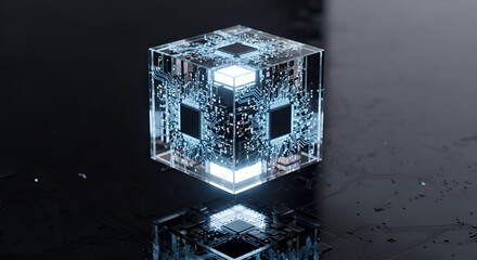 Stunning transparent cube with glowing circuit board patterns and microchips evokes futuristic technology and digital innovation.