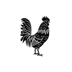 Stylized rooster standing confidently shows detailed silhouette and intricate feathering against a crisp white backdrop