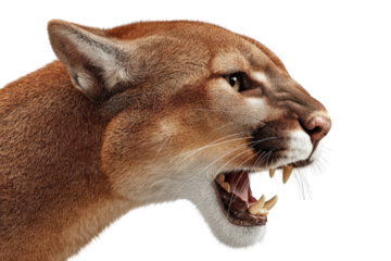 A fierce mountain lion, head and shoulders, snarling with sharp teeth exposed