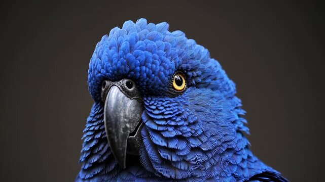 Closeup of exotic parrot head showing colorful feathers and strong beak. Bird eye sharp and focused. Tropical wildlife portrait. Detailed view of bird feathers and beak in exotic closeup