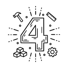 Infographic Number Four Line Art - 4 Icon with Building, Tools, and Process Symbols