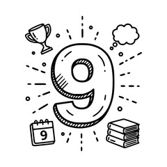 Obraz premium Infographic Number Nine Line Art - 9 Icon with Achievement, Education, and Planning Symbols