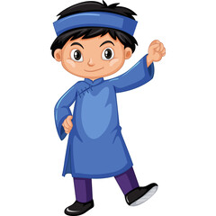 Young Vietnamese Boy Wearing Traditional Blue Ao Dai Outfit and Headband Smiling Happily with One Hand Raised in Celebration Isolated on White Background