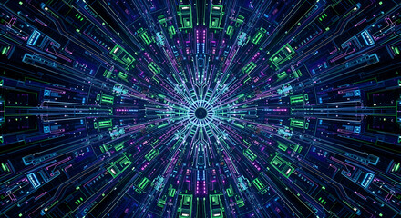 Dynamic digital circuit design with neon lines radiating from a central point, perfect for futuristic technology concepts and innovative design