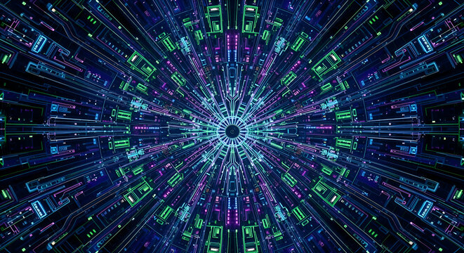 Dynamic digital circuit design with neon lines radiating from a central point, perfect for futuristic technology concepts and innovative design