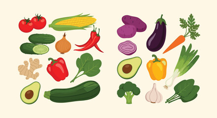 A vibrant and colorful collection of fresh, healthy vegetables, including root vegetables, greens, and fruits, arranged for a balanced diet concept.