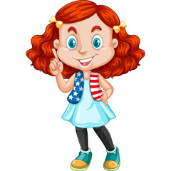 Smiling Cartoon Girl With Red Curly Hair Wearing A Light Blue Dress And American Flag Scarf Pointing Upwards In Celebration