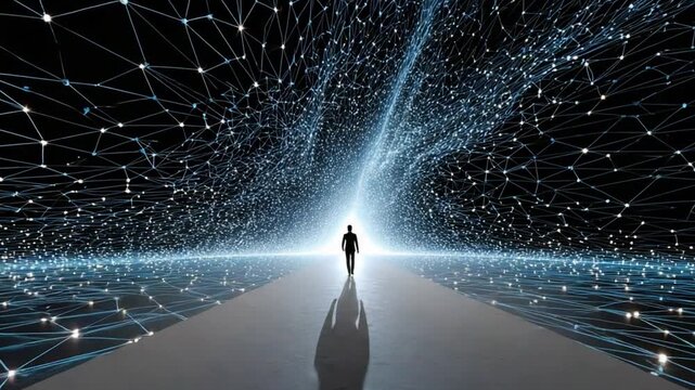 The path of future and Technology: An individual silhouette journeys along a digital pathway, surrounded by a luminous network, symbolizes innovation, progress.