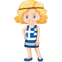 Smiling young girl wearing a blue and white Greek flag dress and blue shoes standing confidently with blonde hair and a headband