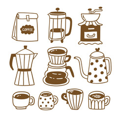 Coffee time doodle poster. Line art, retro coffee clip art. Vector illustration for coffee shops, cafes, and restaurants.