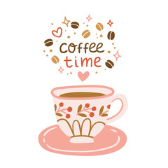 Cup of aromatic coffee vector illustration. Doodle coffee time concept. Text and coffee cup on white background