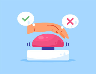 illustration of a hand with a button. concept of choosing, options, making a decision. choosing yes or no, accepting or rejecting, agreeing or disagreeing. flat style design. blue background