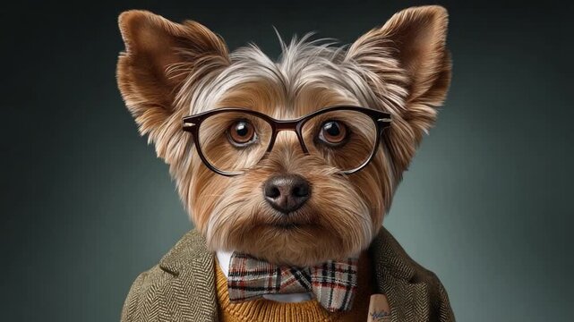Clever Canine: A Yorkshire Terrier, dressed smartly, sporting glasses, jacket and bow tie, epitomizing intellect and charm.