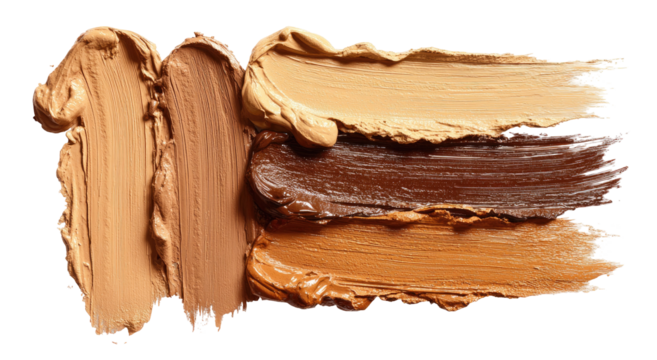 Swatches of cosmetic cream in various shades, brushed onto a dark background