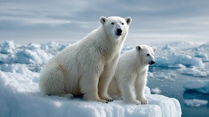 Arctic Family Portrait: A majestic polar bear and its adorable cub perch atop a glistening ice floe, framed against the backdrop of an arctic landscape. - Powered by Adobe