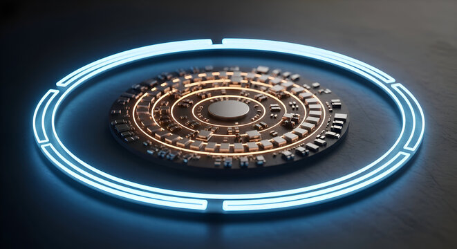 Experience the future with this stunning, futuristic circular interface featuring glowing neon blue rings and intricate technological details, perfect for innovation concepts.