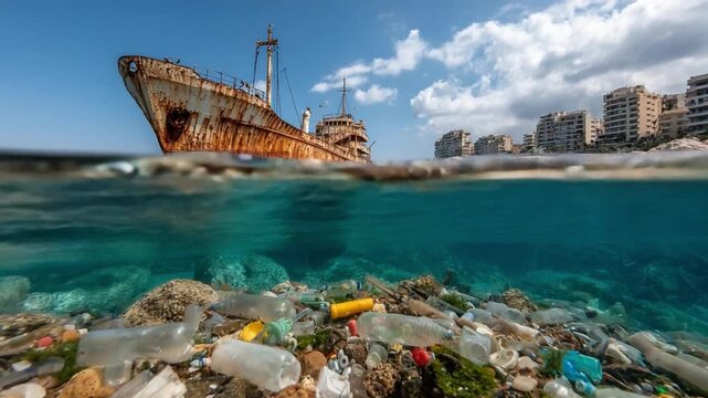 Ocean's Burden: A stark image of a sunken vessel looming over a polluted seascape, with plastic debris accumulating beneath the surface. a compelling portrayal of environmental degradation