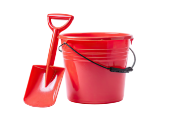A red plastic bucket and shovel set, isolated against a transparent background