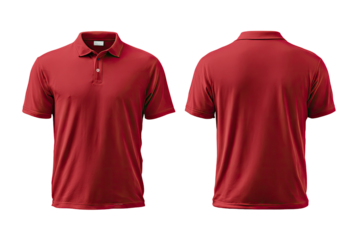 Front and back view of a bright red short-sleeved polo shirt with a collar and buttons