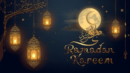 happy ramzan night vector background with moon and festive decorations