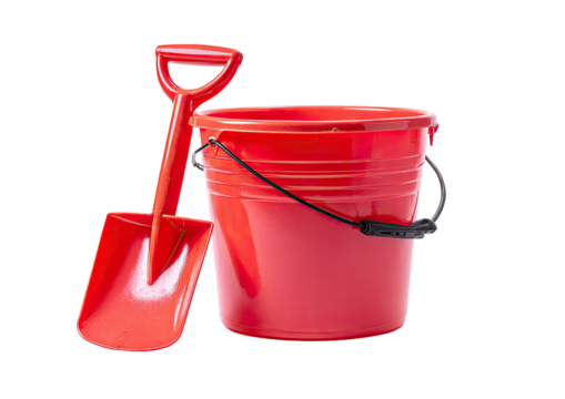 A red plastic bucket and shovel set, isolated against a transparent background