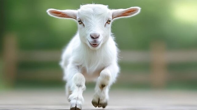 Running Goat: A charming goat kid joyfully prances towards the camera, radiating energy and innocence in this captivating animal portrait.