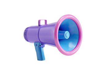 3D render of a purple, pink, and blue megaphone floating in mid-air against a black background