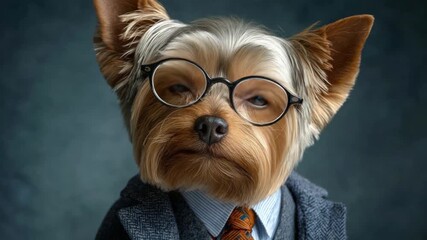 Yorkshire Terrier with Glasses: A distinguished Yorkshire Terrier dons eyeglasses and a formal attire, exuding an air of sophistication, intellect, and charm, portraying a unique blend of elegance.