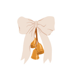 Vintage cozy handmade Christmas bows and ornaments collection, ribbon bows, bells, dried orange slice, candle with greenery, gingham and polka dot ribbons, rustic holiday decorations, flat vector