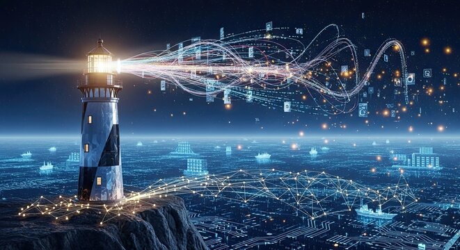 Futuristic Lighthouse Emitting Digital Data Streams Over a Cybernetic Cityscape.