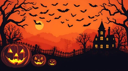 Spooky Halloween night scene with pumpkins and bats