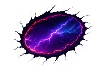 Magical fantasy portal opening with swirling purple and blue lightning energy, abstract wormhole effect on transparent background