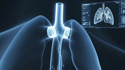 Abstract 3D Animation of Lungs and Pulmonary System Data Visualization Glowing Blue Particles Flowing Through Futuristic Tunnel - Powered by Adobe