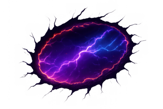 Magical fantasy portal opening with swirling purple and blue lightning energy, abstract wormhole effect on transparent background