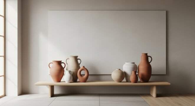 Minimalist interior with a wooden shelf displaying various pottery vases and ceramics in a bright