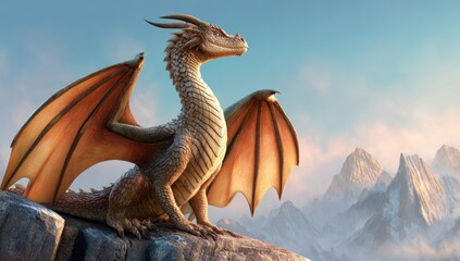 Naklejka premium Dragon With Wings On Rock Overlooking Mountain Range Under Blue Sky Fantasy Creature For Mythical Stories And Adventure Illustrations