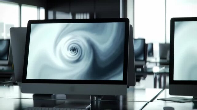 Modern office with computers displaying abstract art, technology background.