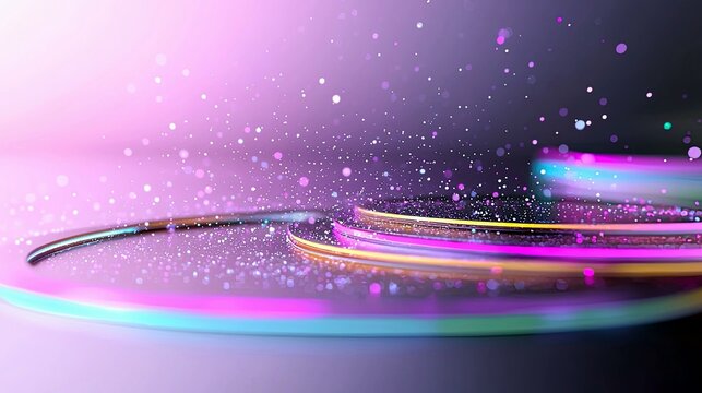 Abstract background with swirling neon light trails and shimmering particles in pink, purple, and teal.