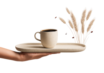 Hand presents coffee cup on a beige tray with wheat against a black background