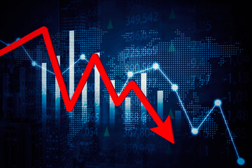 Red declining arrow with world map background