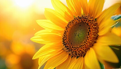 Obraz premium A close-up view of a bright yellow sunflower with its petals illuminated by the warm glow of the sun, set against a blurred background.